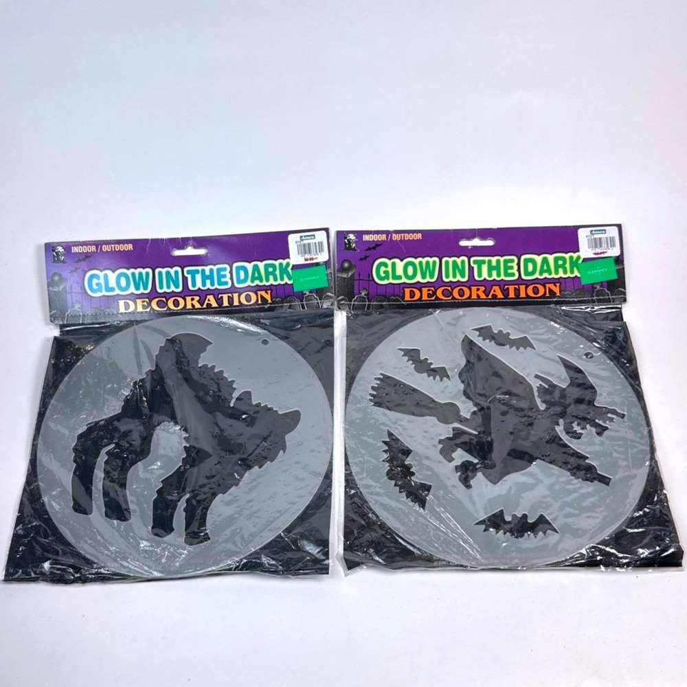 Vintage Halloween Glow in the Dark Decorations Set Werewolf Witch Bats Ames 2pk